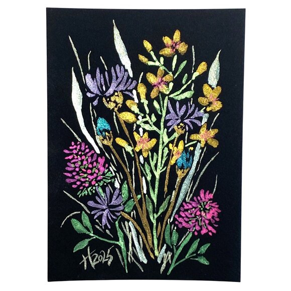 Flower Riot Original Iridescent Watercolor Painting 8x10in Matted Frame Ready - Picture 4 of 5